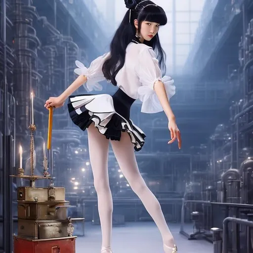 Prompt: Leon Bakst, Kiyoko Arai, Surreal, mysterious, strange, fantastical, fantasy, Sci-fi, Japanese anime. Ballet "La Sylphide" performed by pliers and spanners on top of a toolbox in a corner of a metal processing factory. Beautiful high school girl in a miniskirt watching a theater. Perfect body, detailed masterpiece 
