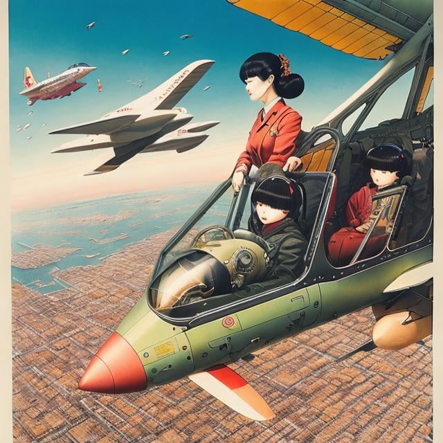 Prompt: Katsuhiro Otomo, Shigeru Hatsuyama, Surreal, mysterious, bizarre, fantastical, fantasy, Sci-fi, Japanese anime, multicolor watercolor woodblock print style, one-seater harness plane, bird's-eye view, beautiful girl aviator, perfect voluminous body, detailed masterpiece 