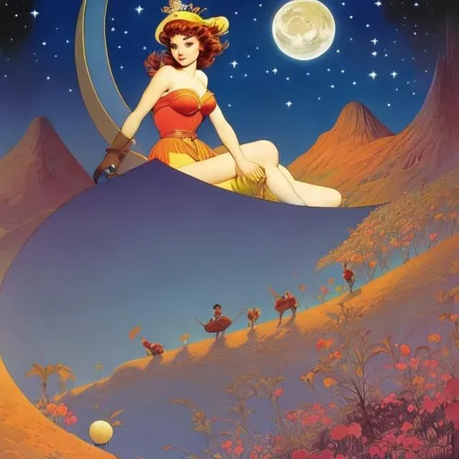 Prompt: Jean Giraud, Frank Frazetta Anime Kate Greenaway surreal fanciful wondrous strange Whimsical Sci-Fi Fantasy Crescent Moon Girl Traveler only by night Moonshine field When the Moon Sleeps detailed resolution definition quality masterpiece