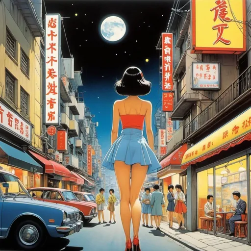 Prompt: Yuji Kamosawa, Takeo Takei, Akira Yasuda, Jean Giraud, Satoshi Urushihara, Surrealism, wonder, bizarre, bizarre, fantasy, Sci-fi fantasy, anime, passing a beautiful lady in a miniskirt of the moon, perfect voluminous body, on a street corner, smoking a cigarette at a small cafe, neon tubes, Saturn's rings, soda water, a movie projector, detailed masterpiece low high angles hand coloured line drawings 