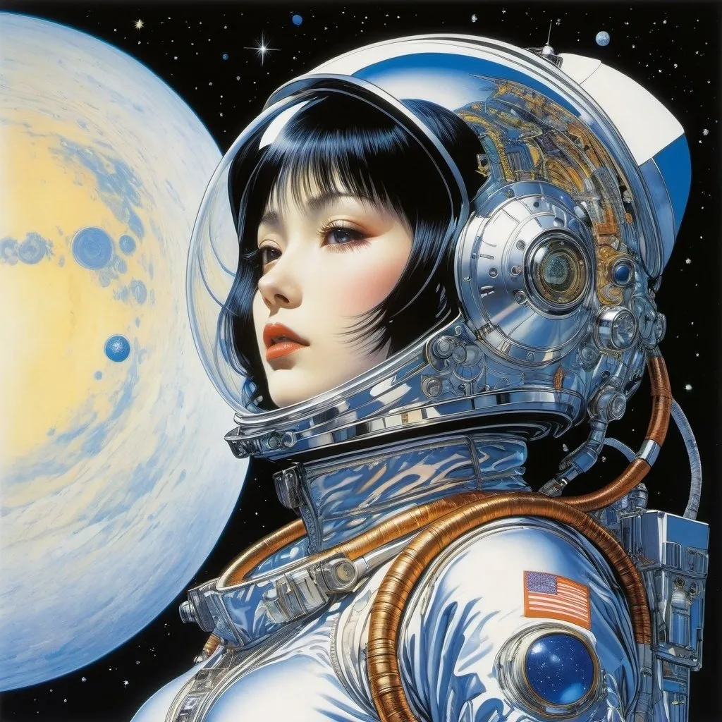 Prompt: Harry Clarke, Hajime Sorayama, Naoyuki Kato, Masamune Shirow, Alicia Austin, Surrealism, wonder, strange, fantastical, fantasy, Sci-fi, Japanese anime, philosophical essay on the orbits of planets, outer space moving under the force of gravity, beautiful girl in a space suit, perfect voluminous body, detailed masterpiece 