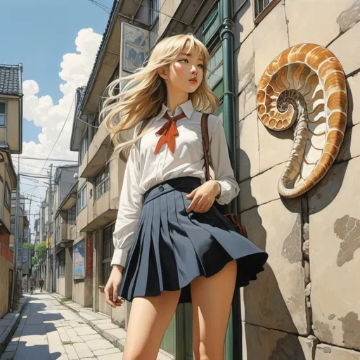 Prompt: Yuu Watase, Annette Tison, Arthur Rackham, William Pène du Bois, Tomer Hanuka, Surrealism, wonder, strange, bizarre, fantasy, Sci-fi, Japanese anime, Tokyo street corner geology, ammonite fossils on building walls, rock where Archeopteryx sleeps, miniskirt beautiful high school girl, perfect voluminous body, detailed masterpiece 