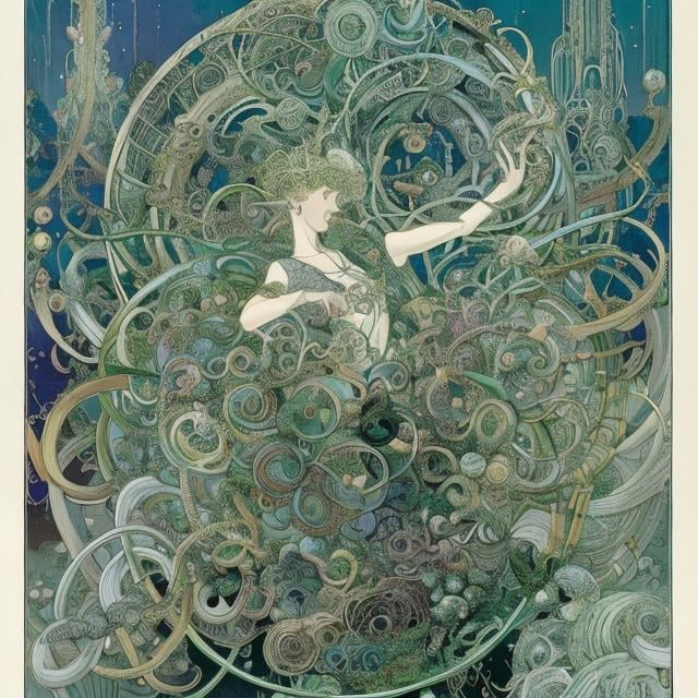 Prompt: Kay Nielsen, Jean-François Blondel , Nancy Eckholm,Japanese anime Sci-Fi Fantasy　Gordian knot　Fairies Dance　Hyperd High Resolution High Definition High Quality Masterpiece