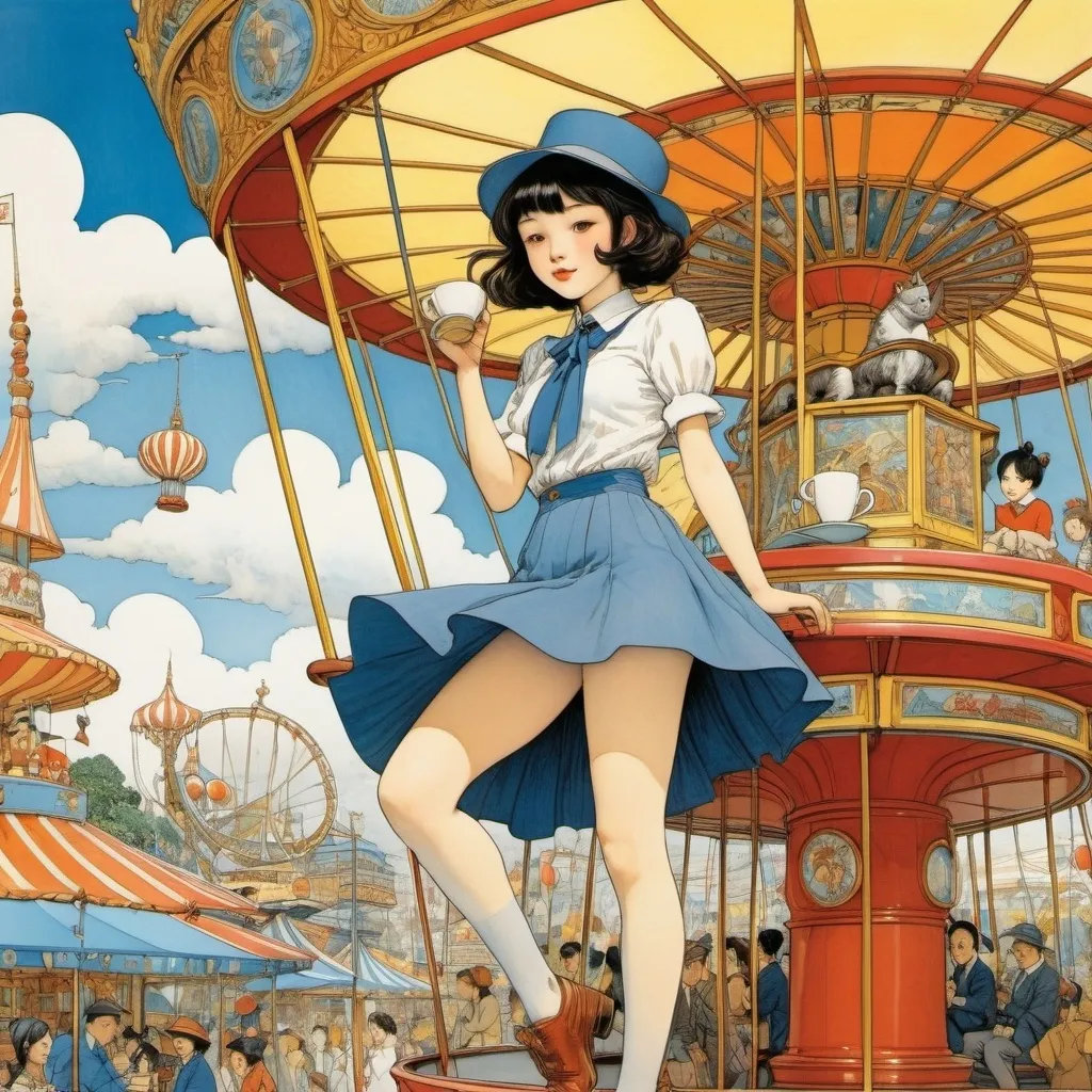 Prompt: Maurice Sendak, Yuko Shimizu, Ana Jarén, Heath Robinson, Max Ernst, Surrealism, wonder, strange, bizarre, fantasy, Sci-fi, Japanese anime, carousel blueprint, midnight amusement park, fun miniskirt beautiful high school girl riding on a coffee cup, perfect voluminous body, detailed masterpiece 