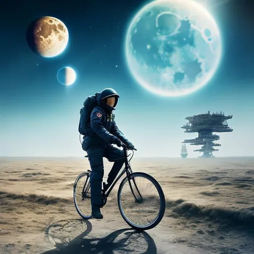 Prompt: Mikhail Tsekhanovskiy, Anton Lomaev, Surreal, mysterious, strange, fantastic, fantasy, sci-fi, Japanese anime, a suicide mission to the moon from which there is no return, the race for space development is a product of human delusion, the hero who went to the moon by rocket is still frantically pedaling his bicycle, absurdity, detailed masterpiece hand drawings
