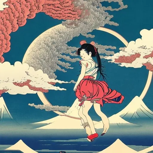 Prompt: ukiyoe painting　surreal　wondrous　strange　Whimsical　absurderes　fanciful　Sci-Fi Fantasy　Mount Everest　Spiral column　sea of clouds　Miniskirt schoolgirl　a beauty girl