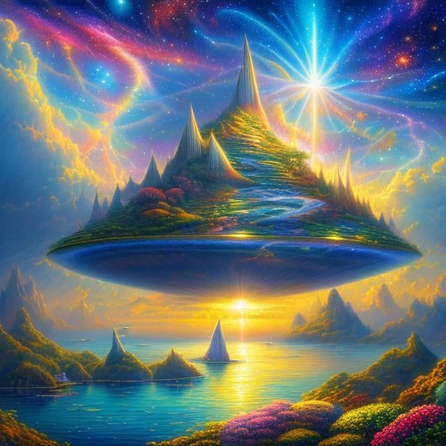 Prompt: John Stephens style, floating island, rays of light, flying machines, ocean, sky full of galaxy, surreal, sketch and water colour, hyperdetailed high resolution high definition high quality masterpiece 