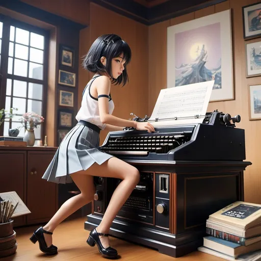 Prompt: Naoya Matsumoto, Takashi Nakamura, Surreal, mysterious, strange, fantastical, fantasy, Sci-fi, Japanese anime, record, comet in a birdcage, beautiful girl in a miniskirt playing music on a typewriter on a desk, perfect voluminous body, geometric model dancing in the air, detailed masterpiece depth of field 