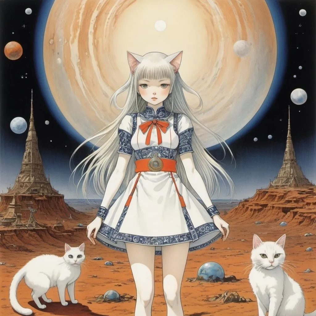 Prompt: Kay Nielsen, Axel Scheffler, Masamune Shirow, Yuu Watase,  Patricia Polacco, Surrealism Mysterious and Weird Fantastic Fantasy Science Fiction, Japanese Anime, Picnic on Mars, Horoscope, Miniskirt Beautiful Schoolgirl and Cat, perfect voluminous body, detailed masterpiece 