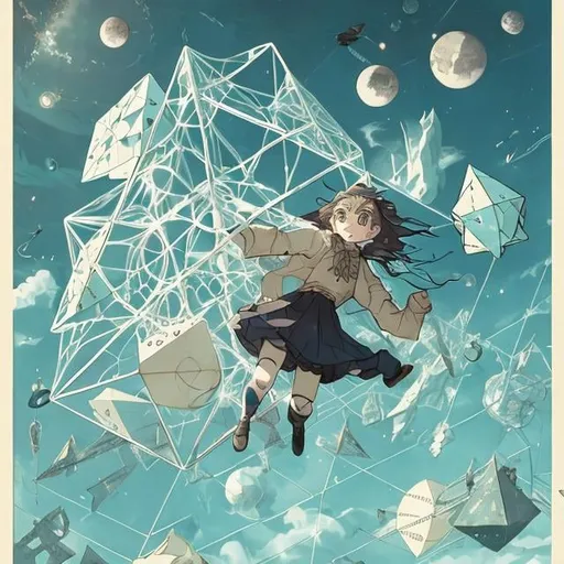 Prompt: Lorentz Stöer, Eugène Grasset, Maurice Sendak Japanese Anime　wondrous　strange　Whimsical　Sci-Fi Fantasy regular polyhedra　Japanese high school girl Floating in the air　Geometric properties of the figure　Sailing ship Regular polyhedra, viewpoint of mathematical Quasi-polyhedron　Astral Torsional regular polyhedron　solar system　Rubik's Cube