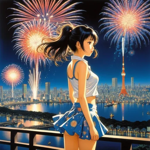 Prompt: Katsuhiro Otomo, Yoshitaka Amano, Karel Franta, Surrealism Mysterious Weird Fantastic Fantasy Sci-Fi, Japanese Anime, Miniskirt Beautiful Girl Fireworks Artist Sings, perfect voluminous body, Midday Fireworks Darkness,Tokyo Bay, detailed masterpiece 