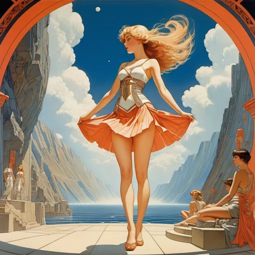 Prompt: Danny Flynn, Bruce Pennington, Walter Crane, Sydney Sime, Richard Doyle, George Barbier, Surrealism, strange, bizarre, fantastical, fantasy, Sci-fi, Japanese anime, persistence of memory, 3D space on paper, perspective representation of a beautiful girl in a miniskirt, perfect voluminous body, dynamic poses, cross-sectional view, perspective view, detailed masterpiece 