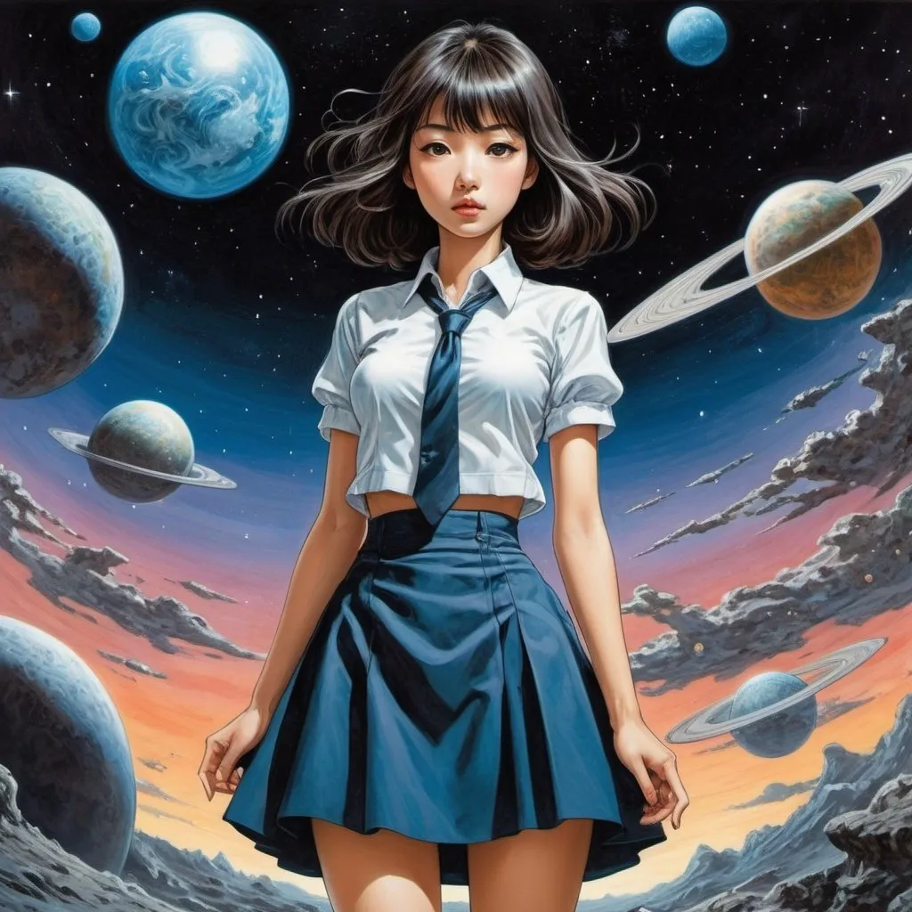 Prompt: Frank Pape full colours, Takako Shimura, Surreal, mysterious, bizarre, fantastical, fantasy, Sci-fi, Japanese anime, How to walk in a world without gods. How did humans come to be? How do the stars travel around the night sky? The horizon of science spreading to the distant universe A beautiful girl scientist in a miniskirt, perfect voluminous body, detailed masterpiece 