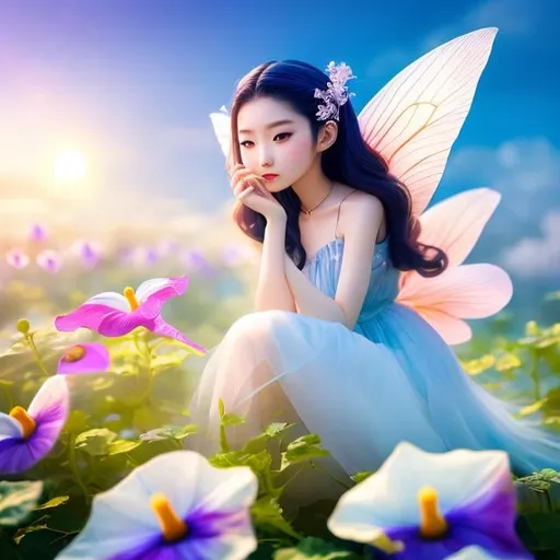 Prompt: Sulamith Wülfing, Takeo Takei, Surreal, mysterious, strange, fantastic, fantasy, Sci-fi, Japanese anime, a small miniskirt fairy beauty girl sitting on a morning glory flower, perfect voluminous body, sunrise, pale blue sky, clouds, tranquility, mysterious, detailed masterpiece 