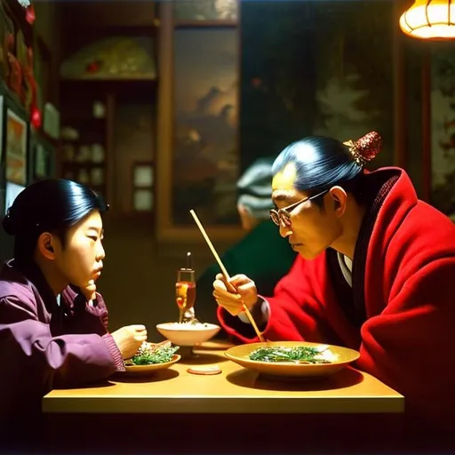 Prompt: Umberto Brunelleschi, Yoshitoki Ōima, Surreal, mysterious, strange, fantastical, fantasy, Sci-fi, Japanese anime, Christmas Eve, father and son eating pho noodles at a Vietnamese restaurant, curious about the beautiful girl in the table over there, snow, detailed masterpiece 