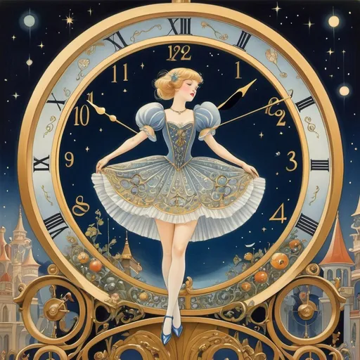 Prompt: Manuel Orazi, Virginia Frances Sterrett, Adrienne Segur, Surreal, mysterious, strange, fantastical, fantasy, Sci-fi, Japanese anime, Cinderella's clock, the beautiful girl in a miniskirt, perfect voluminous body, the midnight ball, the glass carriage, detailed masterpiece low high angles perspectives 