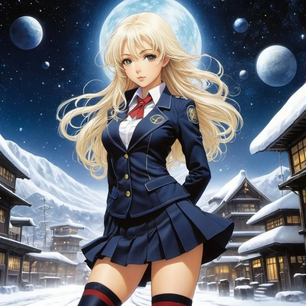 Prompt: Sulamith Wulfing, Tore Deinboll, Chiho Saito, Masakane Yonekura, Johan Vestly, Surrealism Mysterious Weird Fantastic Fantasy Sci-Fi, Japanese Anime, Winter and Galaxy Station, Ore Microscope, Hot Chocolate, MiniSkirt Beautiful High School Girl, perfect voluminous body, detailed masterpiece 