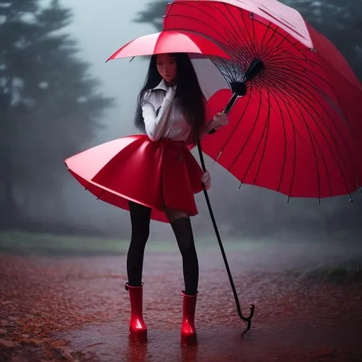 Prompt: Louis Lozowick, Keith Parkinson, Surreal, mysterious, strange, fantastical, fantasy, sci-fi, Japanese anime, rain of memories falls, a beautiful girl in a miniskirt with red rain boots and an umbrella, perfect voluminous body, detailed masterpiece 