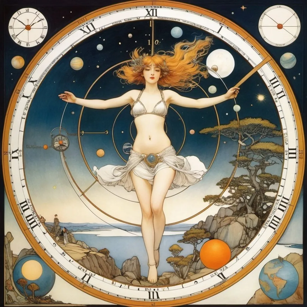 Prompt: Arthur Rackham, Mel Ramos, Sydney Sime, Heath Robinson, Maurice Denis, Jay Scott Pike, Surrealism, Mysterious, Bizarre, Outlandish, Fantasy, Sci-Fi, Japanese Anime, Accurate understanding of the cycle of the year, Calendar creation, Observation instruments of ancient science, View of the universe, Time axis, From geocentric to heliocentric, The adventures of a miniskirt astronomical beautiful girl, perfect voluminous body, detailed masterpiece 