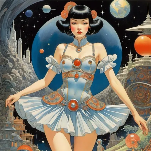 Prompt: Wally Wood, Virginia Frances Sterrett, Akira Amano, Phoebe Anna Traquair, Laura Callaghan, Surrealism, mysterious, strange, bizarre, fantasy, Sci-fi, Japanese anime, miniskirt beautiful girl at a costume ball, perfect voluminous body, collecting fragments of time and space, following the spatial veins, detailed masterpiece 