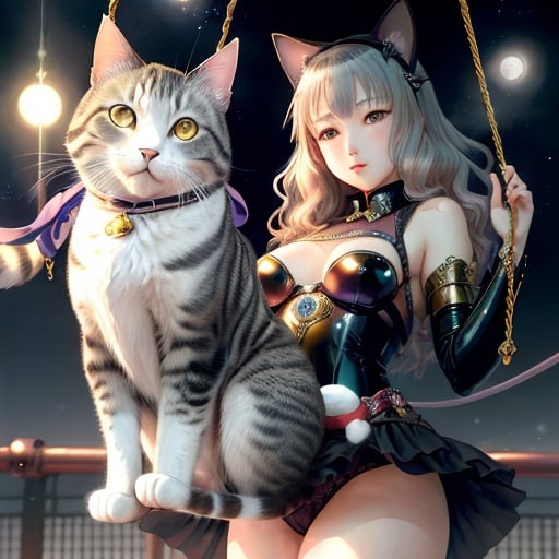 Prompt: Nanpei Yamada, Franciszek Starowieyski, Surreal, mysterious, strange, fantastical, fantasy, Sci-fi, Japanese anime, miniskirt beautiful girl and cat on a suspension bridge, perfect voluminous body, dancing night of stars, detailed masterpiece 