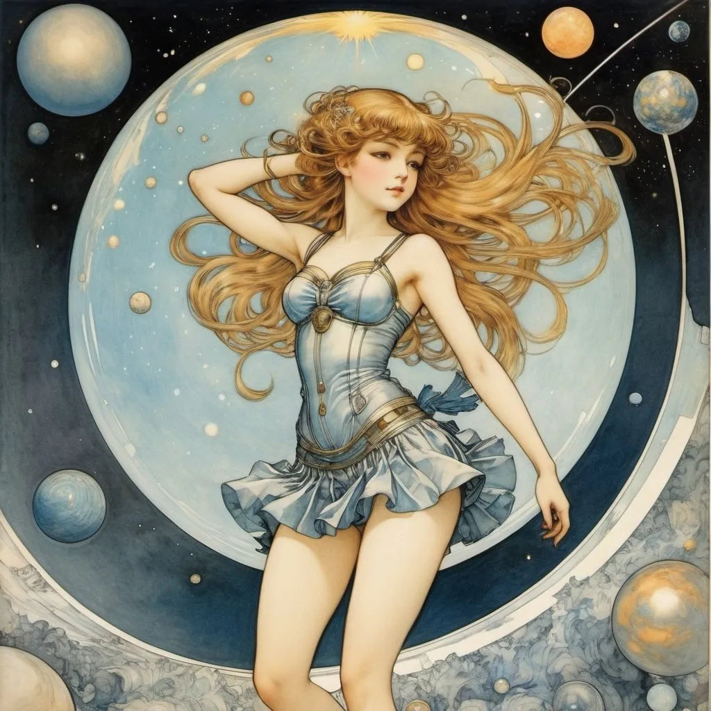 Prompt: Walter Crane, Arthur Rackham, Surreal, mysterious, strange, fantastical, fantasy, Sci-fi, Japanese anime, solar system under a microscope, science of mirrors, reflection, transmission, refraction, nebula, star cluster, miniskirt beautiful high school girl, perfect voluminous body, detailed masterpiece 