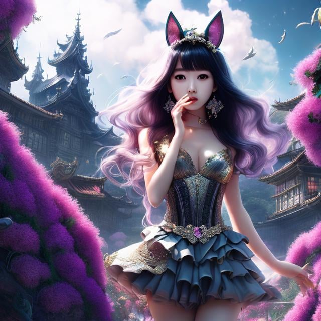 Prompt: Dani Choi, Jean-Claude Mézières, Surreal, mysterious, strange, fantastical, fantasy, Sci-fi, Japanese anime, labyrinth utopia, place where monsters sleep, beautiful miniskirt girl having fun, perfect voluminous body, detailed masterpiece 