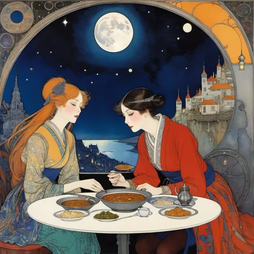 Prompt: Harry Clarke, Janet and Anne Grahame Johnstone, Anton Pieck, Edmund Dulac, Surrealism, wonder, strange, bizarre, fantasy, Sci-fi, Japanese anime, eating a large serving of cutlet curry in the middle of the night, beautiful girl in a miniskirt crescent moon, perfect voluminous body, moonlight cafe patio, galaxy and space station, detailed masterpiece 