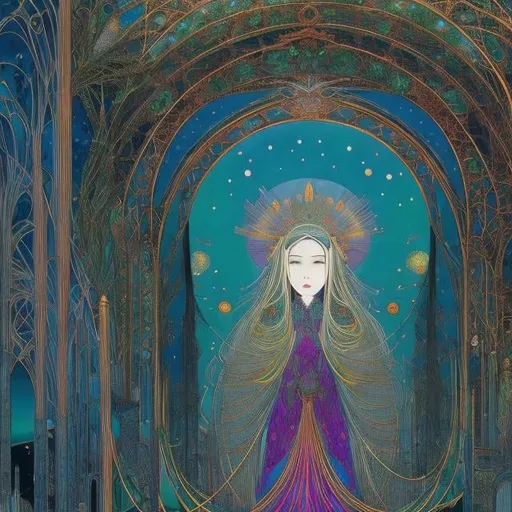 Prompt: Harry Clarke, Kate Greenaway, Japanese Anime, Mysterious, strange, fantastical, surreal, absurd, fantasy, sci-fi, whose face is many doors, whose mouth is many lights, a vacation on the moon, a wanderer in a city on the edge of the world, only two minutes of paradise, hyper detailed high resolution high definition high quality masterpiece 