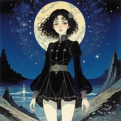 Prompt: Harry Clarke, Karl Xavier Roussel, Paul Elie Ranson, Moto Hagio, Caza, Surrealism, mysterious, bizarre, fantastical, fantasy, Sci-fi, Japanese anime, come to the basement of a beautiful girl in a miniskirt, perfect voluminous body, a sea of ​​stars spread out, detailed Masterpiece 