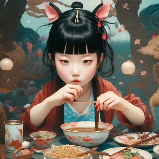Prompt: James Jean, Kate Greenaway, Japanese Anime, surreal, mysterious, bizarre, fantastical, fantasy, sci-fi, ramen battle, which is delicious, pork bone or soy sauce? Girl Alice eating Ramen noodles with chopsticks, detailed, high resolution high definition high quality masterpiece