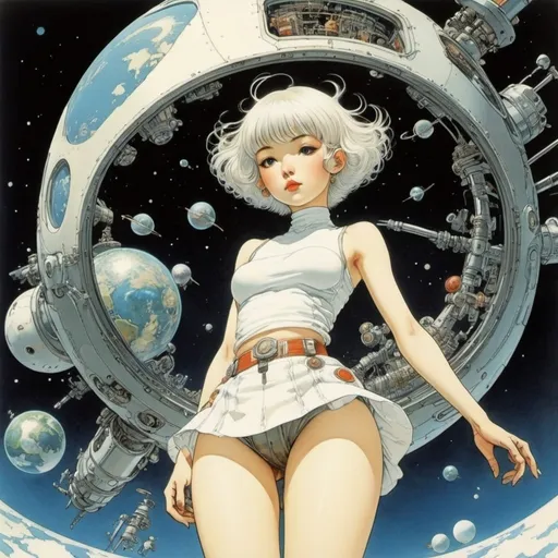 Prompt: Heath Robinson, Katsuhiro Otomo, Tite Kubo, Yoh Yoshinari, George Barbier, Surrealism Mysterious Weird Fantastic Fantasy Sci-Fi, Japanese Anime, Miniskirt Beautiful Girl Mechanical Dreaming of the Earth, perfect voluminous body, Floating in Orbital Space, detailed masterpiece 