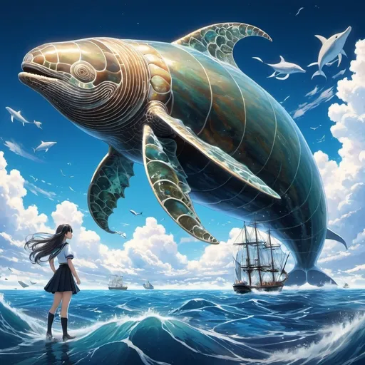 Prompt: Ajubel, Aquirax Uno, Baron Yoshinori, Murray Tinkelman, Edward McKnight Kauffer, Surrealism, wonder, strange, bizarre, fantasy, sci-fi, Japanese anime, a school of humpback whales swimming in the sky, a sailing ship sailing on a sea of ​​clouds, a beautiful girl captain in a miniskirt, solo girl, perfect voluminous body, transparent ammonite, detailed masterpiece 