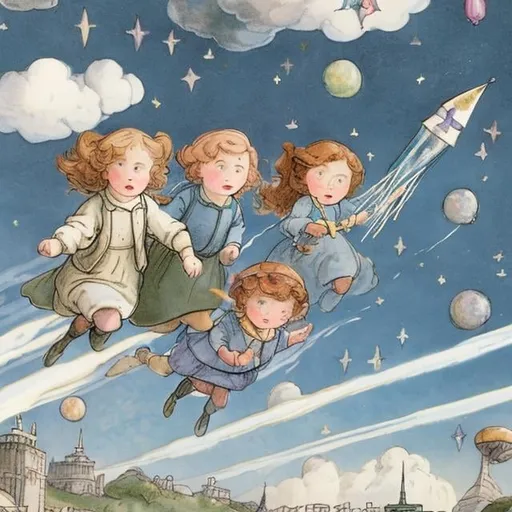 Prompt: Mabel Attwell, Kate Greenaway, Anne Anderson, Margaret Tarrant, Beatrix Potter Sci-Fi Fantasy Hand-cranked Spring Rocket Boys and Girls Play Rocket Flying Blue Sky Clouds Rainbow Moon Tokyo Tower detailed resolution definition high quality masterpiece 