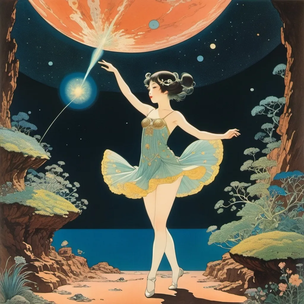 Prompt: Yōsuke Inoue, Gyo Fujikawa, Edmund Dulac, George Barbier, Paul Lehr, Surrealism, wonder, strange, bizarre, fantasy, Sci-fi, Japanese anime, long-distance bus on Mars, underwater botanical garden, miniskirt beautiful girl dancing with stardust, perfect voluminous body, detailed masterpiece 