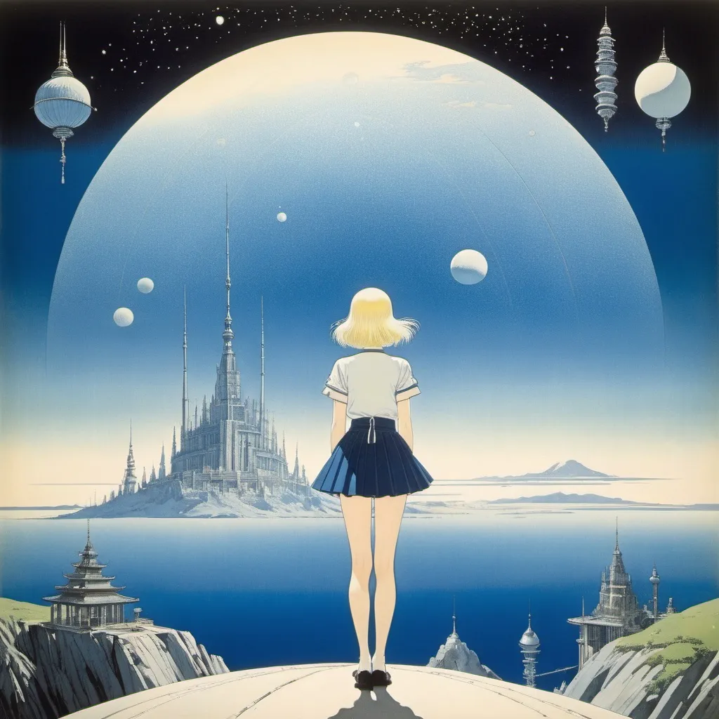 Prompt: Kay Nielsen, Andrzej Mleczko, Usamaru Furuya, André Pijet, Ralph Bakshi, Surrealism, Mysterious, Bizarre, Outlandish, Fantasy, Sci-fi, Japanese Anime, Deneb in the Summer Sky, Celestial Architectural Blueprints, Cross Sections, and Construction Methods, Beautiful High School Girl in a Miniskirt Who Divers into the Stratosphere and Gazes at the Universe, perfect voluminous body, detailed masterpiece