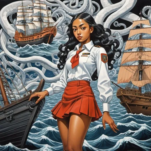 Prompt: Faith Ringgold, M C Escher, Surreal, mysterious, strange, fantastical, fantasy, Sci-fi, Japanese anime, classroom, flood, sailing ship, miniskirt beautiful Asian girl captain, perfect voluminous body, octopus, detailed masterpiece 