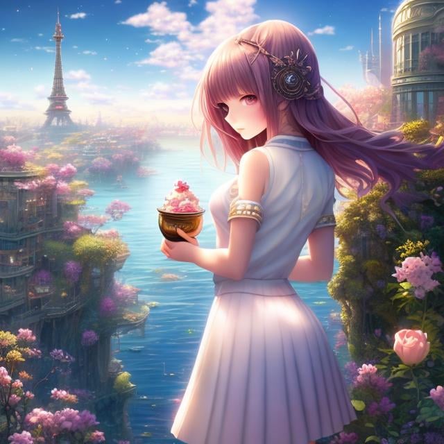 Prompt: Molly MacArthur,  Reginald Knowles, Surreal, mysterious, strange, fantastical, fantasy, Sci-fi, Japanese anime, the city sinking to the bottom of a cup, cafe counter, beautiful high school girl in a miniskirt, perfect voluminous body, machine of joy, detailed masterpiece 