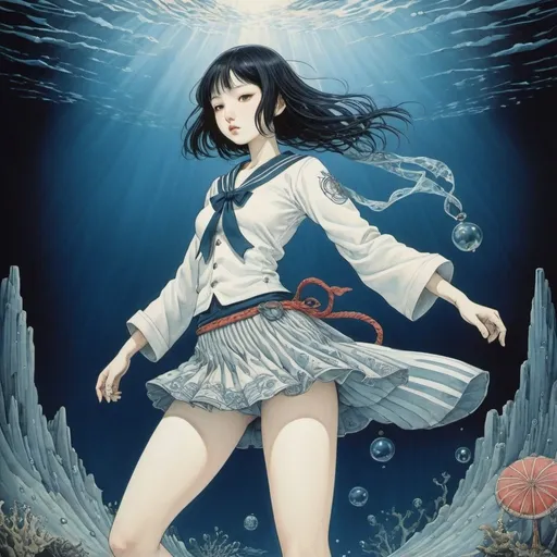 Prompt: Kay Nielsen, Yumiko Kayukawa, Fuyuko Matsui, Daniel Torres, Fernando Dagnino Guerra, Surrealism, wonder, strange, bizarre, fantasy, Sci-fi, Japanese anime, underwater festival, bottled sea, sailing ship sinking into the blue darkness, beautiful high school girl in a miniskirt, perfect voluminous body, detailed masterpiece hand coloured fine lines drawings angles low high perspectives 