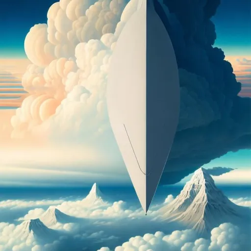 Prompt: Emiliano Ponzi, Rafał Olbiński, Mysterious Surreal Fantastic Fantasy Sci-fi, Japanese Anime, A human-powered airplane on paper that flies over the Chomolangma, A sea of ​​clouds, A beautiful girl, perfect voluminous body, solo girl, detailed masterpiece 