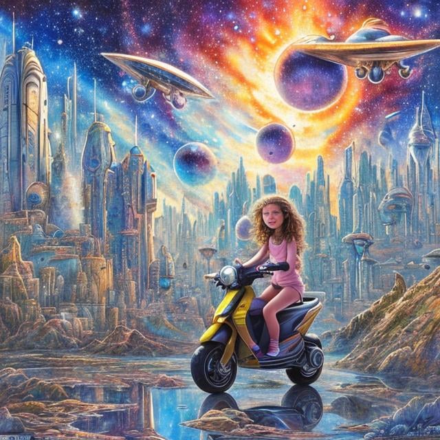 Prompt: John Stephens style, city on mars, spaceship landing, girl on flying scooter, detailed, see galaxy in sky above, sketch and water colour