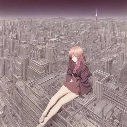 Prompt: Shuji Tateishi colour, Mabel Attwell, Surreal, mysterious, strange, fantastical, fantasy, Sci-fi, Japanese anime, Tokyo metropolis on paper, the world in the drawings, entering the city blueprint, cross section, architectural perspective, miniskirt blonde beautiful girl Alice, perfect voluminous body, detailed masterpiece 