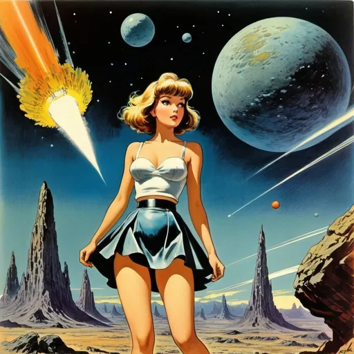Prompt: Fritz Janschka, Al Williamson full colour, Surreal natural history, mysterious, bizarre, fantastical, fantasy, Sci-fi, Japanese anime, science of anthropomorphism, stage set called art, beautiful girl in a meteor miniskirt, perfect voluminous body, detailed masterpiece 