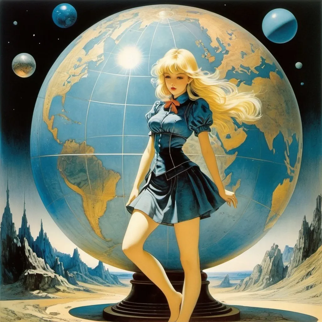 Prompt: Karel Thole, Lebbeus Woods, Kelly Freas, Gustave Doré full colours, Arthur Rackham, Surrealism Mysterious Weird Fantastic Fantasy Sci-fi, Japanese Anime, Square Celestial Globe, Geometry and Solar System, Blonde Miniskirt Beautiful Girl Alice, perfect voluminous body, detailed masterpiece 