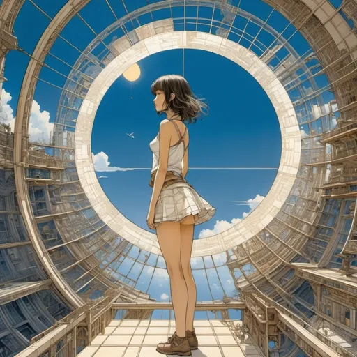 Prompt: Lebbeus Woods, Carlo Stanga, Surreal, mysterious, strange, fantastic, fantasy, Sci-fi, Japanese anime, blueprint of the sun, architectural drawing, cross-section, perspective, perspective, miniskirt beautiful girl, perfect voluminous body, detailed masterpiece bird’s eye views