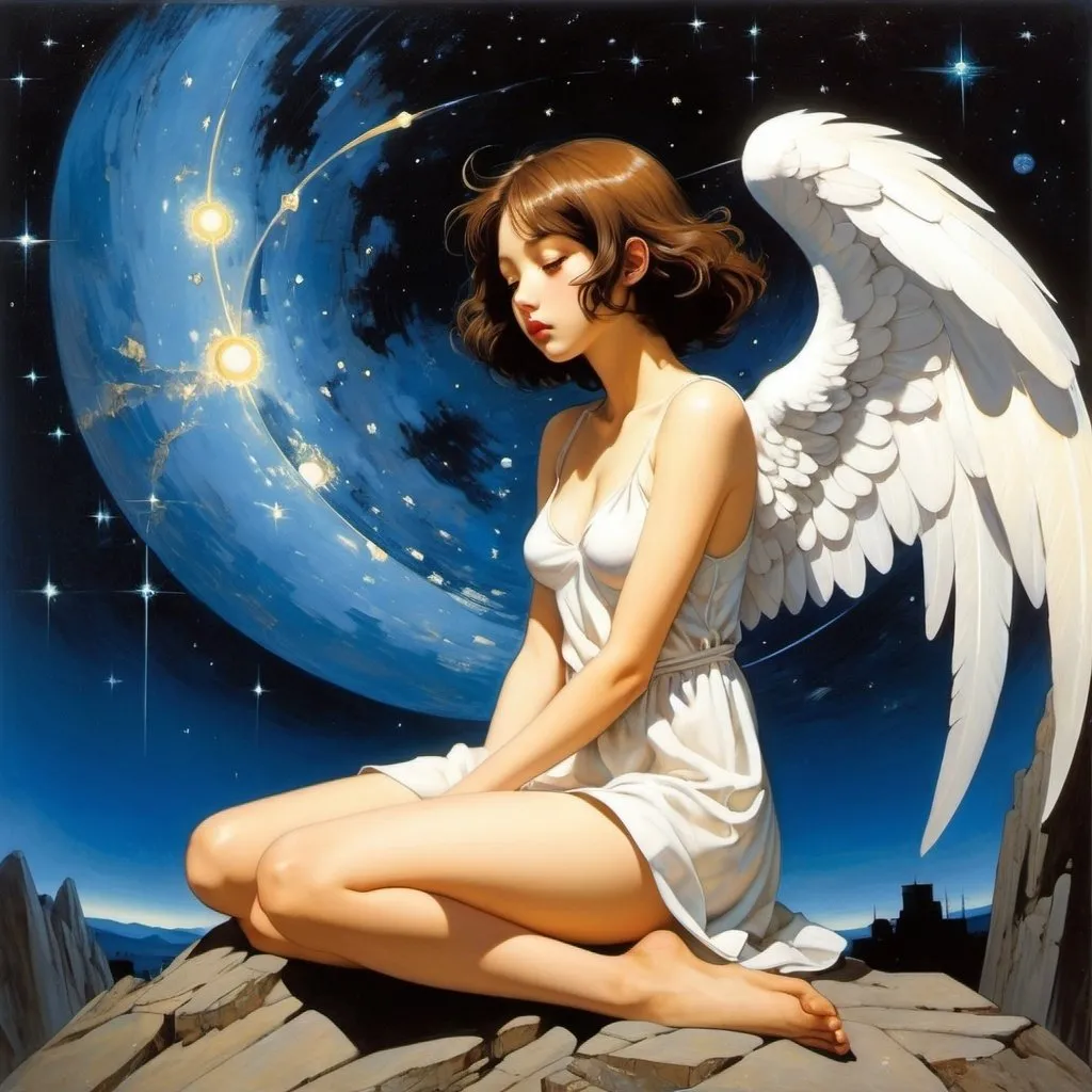 Prompt: Otto Eckmann, Satoshi Kon, Alena Ladová, Esra Røise, František Kupka, Surrealism, mysterious, bizarre, fantastical, fantasy, Sci-fi, Japanese anime, a miniskirt beautiful angel with broken wings and sitting on the ground, perfect voluminous body, looking up at the universe, a starry night, detailed masterpiece angles perspectives 