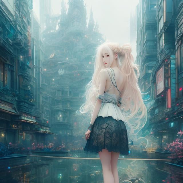 Prompt: James Jean, A E Marty, Arthur Rackham, Surreal, mysterious, bizarre, fantastical, fantasy, Sci-fi, Japanese anime, midnight tea party, miniskirt blonde beautiful girl Alice, perfect body, daily life, dreams, art, relics, and ruins, vertical reflection, translation, horizontal reflection, hyper detailed masterpiece high resolution definition quality, depth of field cinematic lighting 