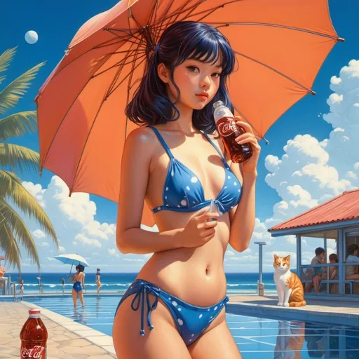 Prompt: Darrell Sweet, James Jean, Surreal, mysterious, strange, fantastic, fantasy, Sci-fi, Japanese anime, lunar pool, beautiful high school girl in a school swimsuit, perfect voluminous body, beach umbrella, cat, bottle of cola, detailed masterpiece 