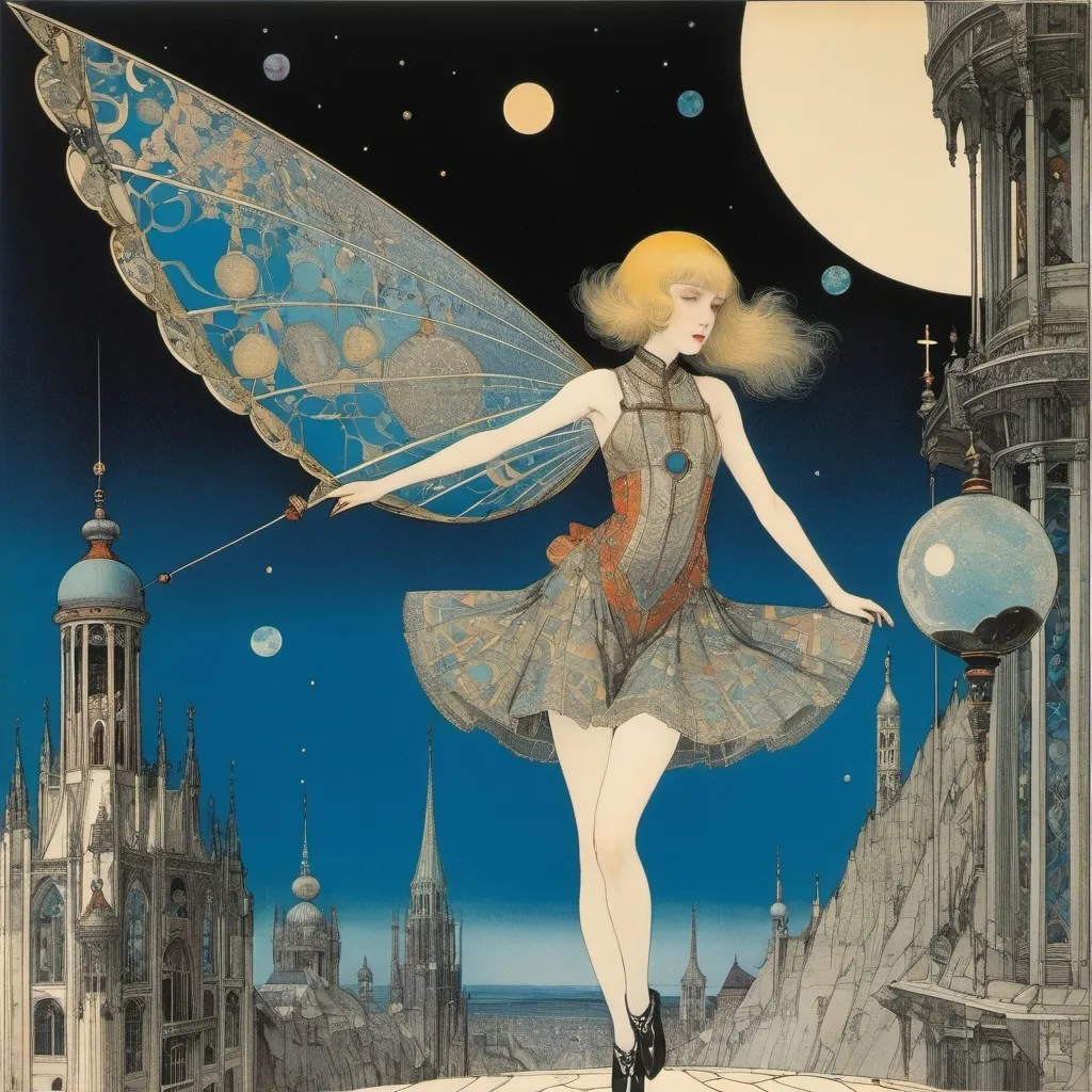 Prompt: Harry Clarke, Mirko Hanák, George Barbier, Adolfo Hohenstein, Mitsukazu Mihara, Surrealism, wonder, strange, fantastical, fantasy, Sci-fi, Japanese anime, the center of the sky of pendulums and prisms, where science explains the world, the hemisphere of Magdeburg, the beautiful blonde miniskirt girl Alice loves experiments, perfect voluminous body, detailed masterpiece 