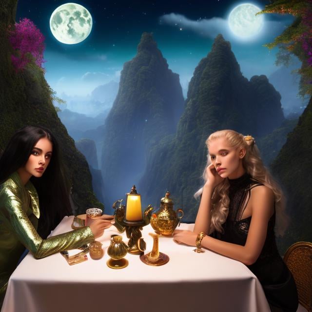 Prompt: Helen Stratton, Adrienne Segur, Surreal, mysterious, bizarre, fantastical, fantasy, Sci-fi, Japanese anime, night cafe, connected anywhere, only on full moon nights, having tea with Alice, a beautiful blonde miniskirt girl, perfect body, Tarzan, Captain Nemo, the Wizard of Oz and his group at the table next to each other, fun, detailed masterpiece 